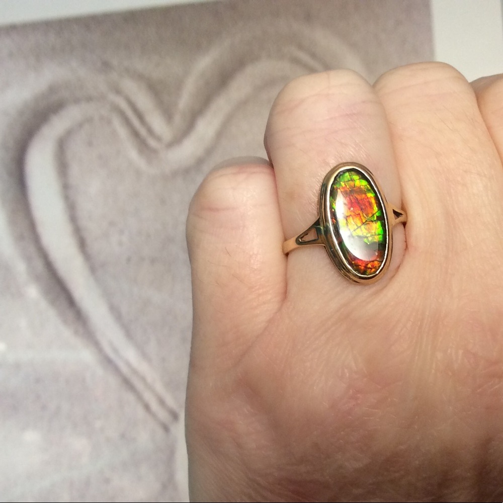 Solid 10k yellow gold ammolite ring